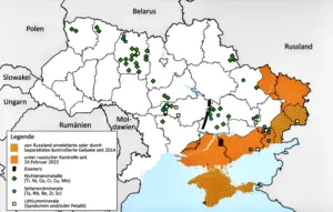 Eine Karte der Ukraine, in der Rohstoffvorkommen eingezeichnet sind.