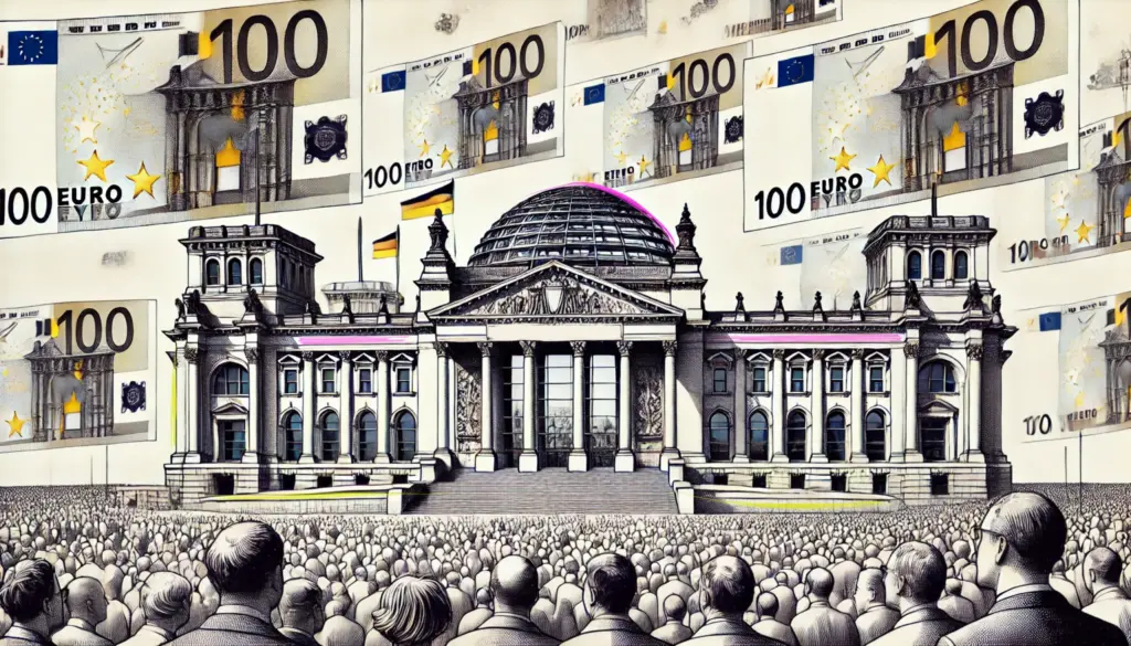 Illustration Reichstag / Bundestag mit Volk und Geldscheinen