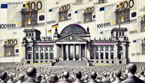medium-width (300x171 px) Illustration Reichstag / Bundestag mit Volk und Geldscheinen
