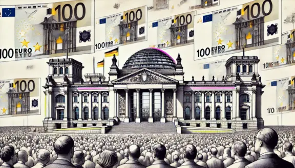 header-mobil (576x329 px) Illustration Reichstag / Bundestag mit Volk und Geldscheinen