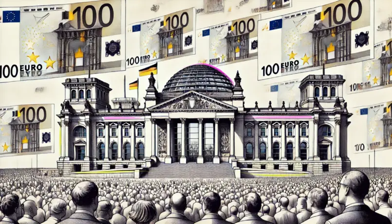 cinemascope (805x460 px) Illustration Reichstag / Bundestag mit Volk und Geldscheinen