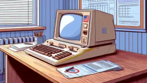 Altmodischer Computer in einer Behörde auf einem Sperrholzschreibtisch - Dall-E 3